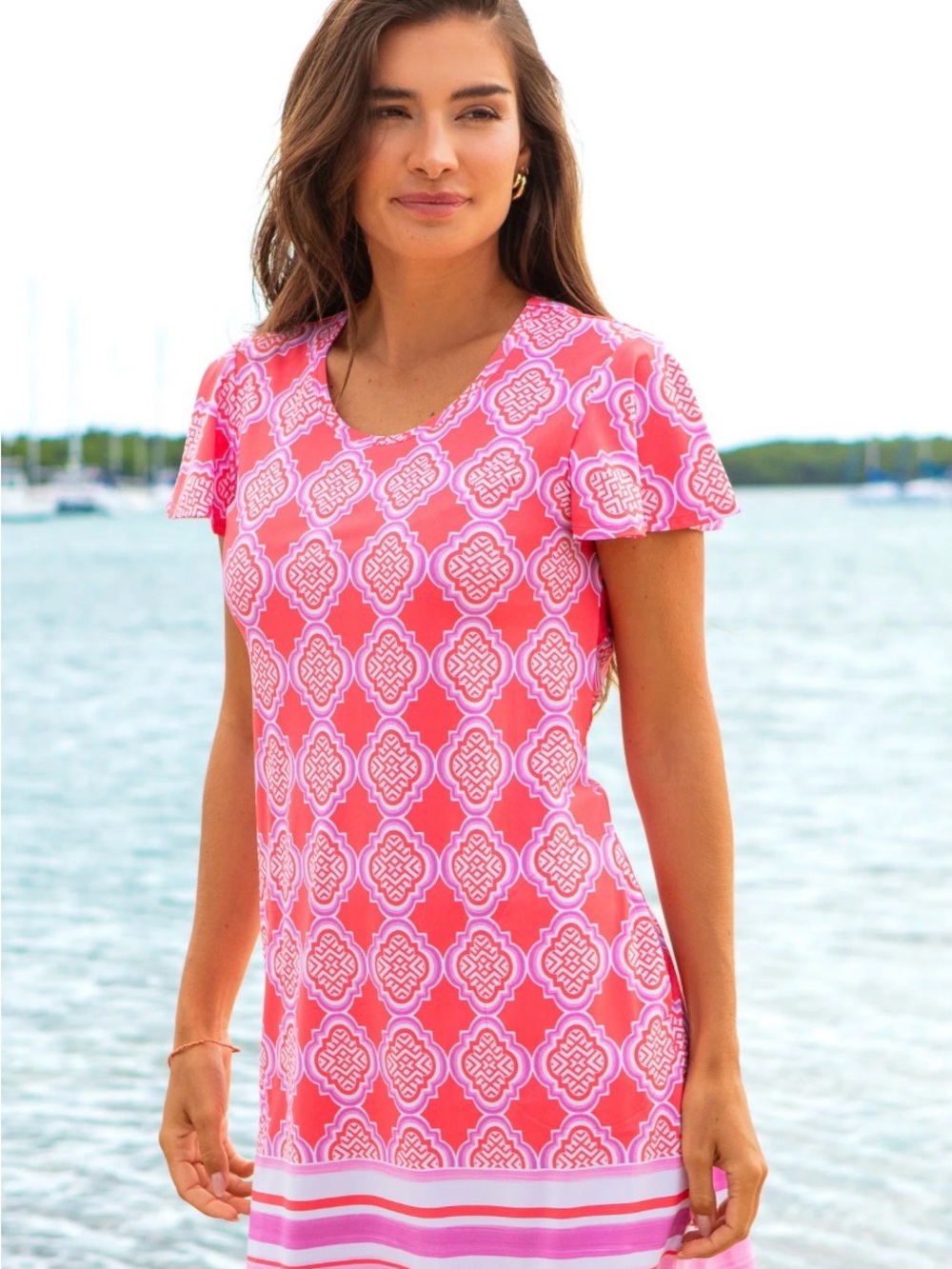 Cabana Life Women’s Pink Patterned Short Sleeve Swim Cover-Up Dress
